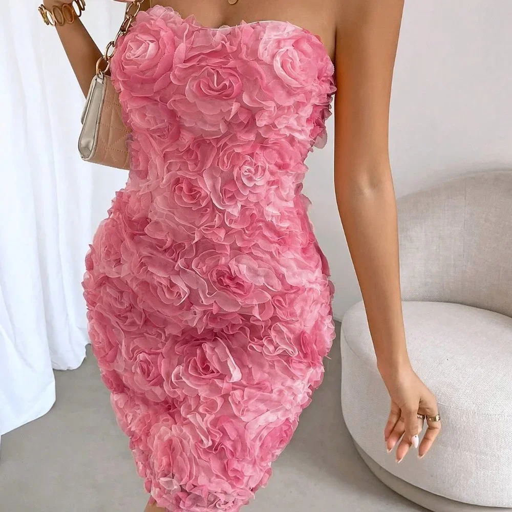 Pink Preppy Womens Floral Appliques Tube Bodycon Dress - Picture 8 of 8